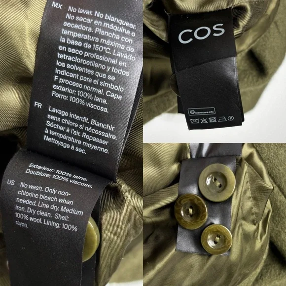 COS Hooded Boiled-Wool Coat Olive Green Size Large Minimalist Wool